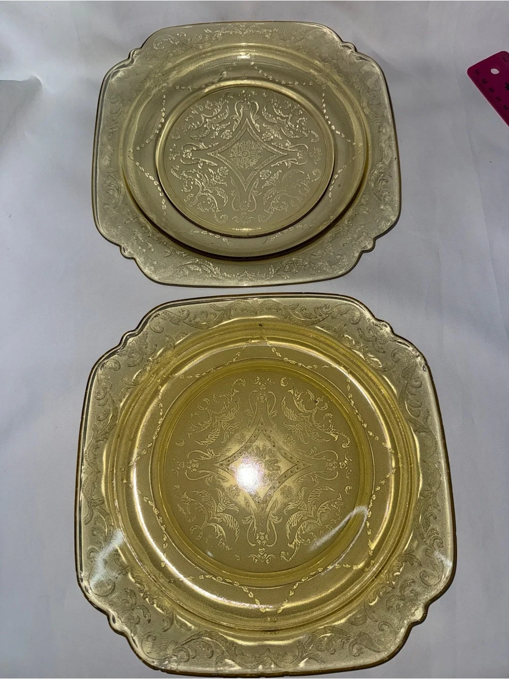 Vintage Amber Depression Glass Etched Square Luncheon Plates